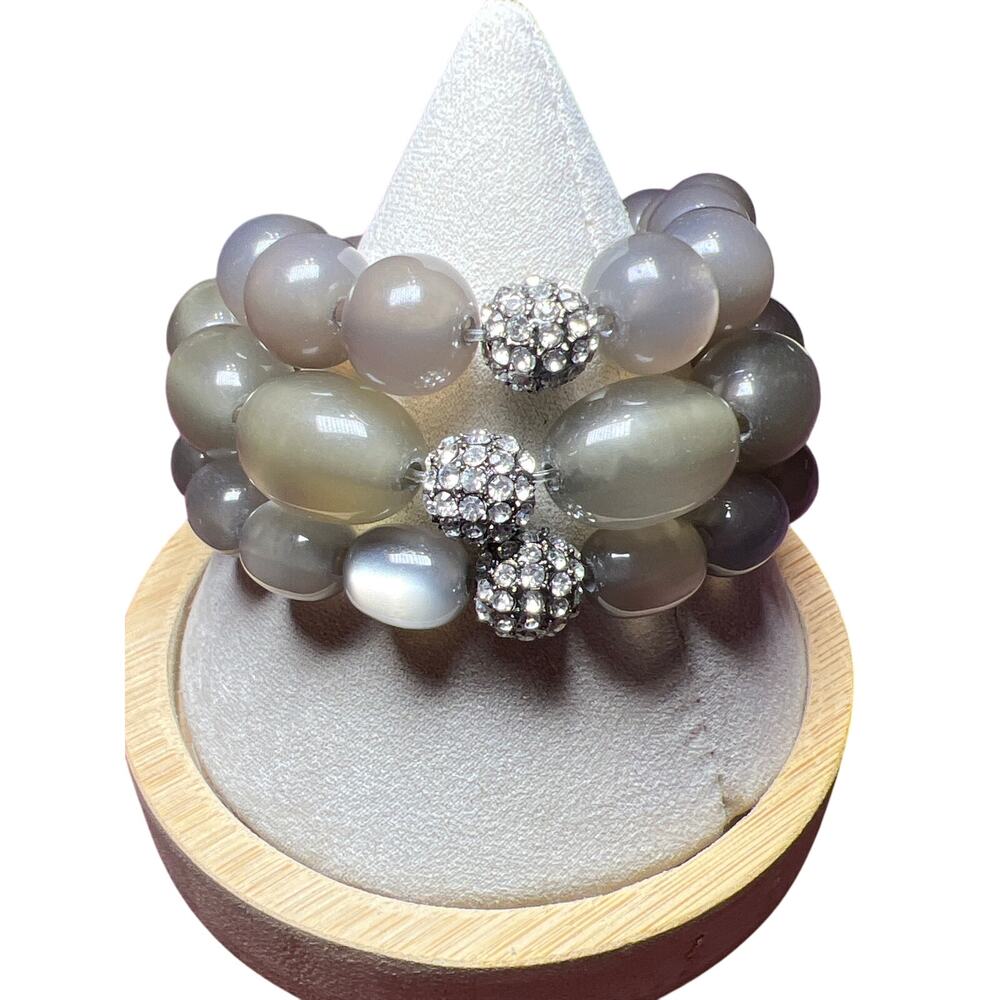 Bracelet Trio of Stretchy Beads Earth Tone and Silver Balls